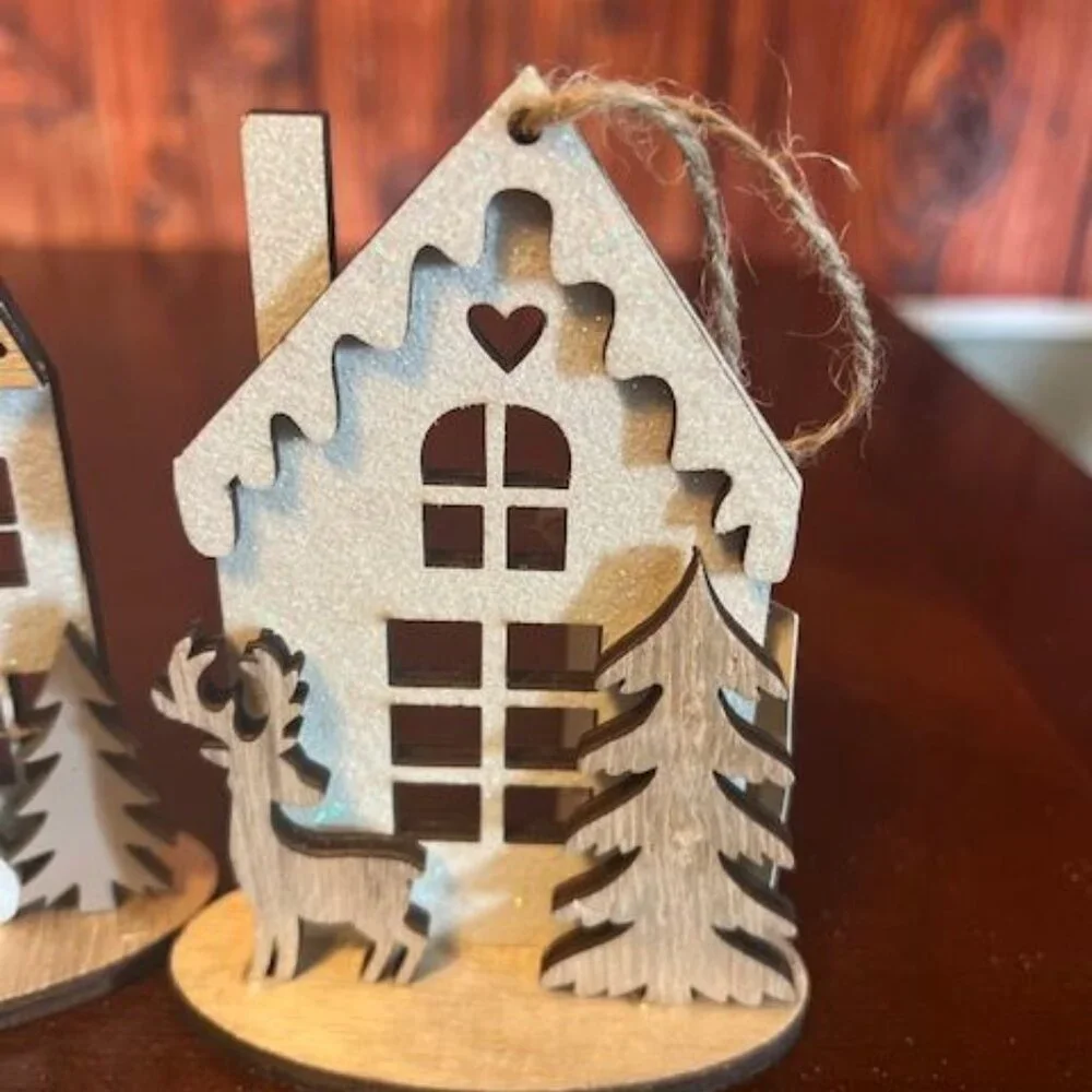 Set Of 4 Wooden Christmas House christmas Ornaments With Reindeer , Snowman,moon